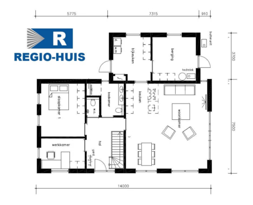 Plattegrond van de begane grond van bungalow B185 van Regio-Huis. De indeling biedt ruime leefruimtes, een open keuken, comfortabele slaapkamers en een badkamer, ontworpen voor een praktische en toekomstbestendige woonervaring.