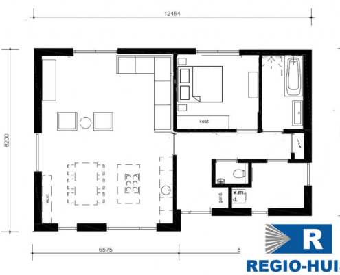 Plattegrond van de begane grond van bungalow B154 Atlanta van Regio-Huis. De indeling toont ruime woonruimtes, een open keuken, comfortabele slaapkamers en een badkamer, ontworpen voor efficiënt 01