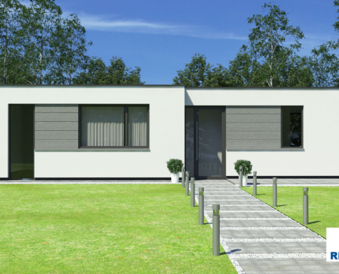 Exterieur van bungalow B154 Atlanta van Regio-Huis, gebouwd met staalframebouw voor duurzame en energie-efficiënte woningen. Het ontwerp heeft een modern uiterlijk met grote ramen, een plat dak en een open indeling, ideaal voor comfortabel wonen. 03