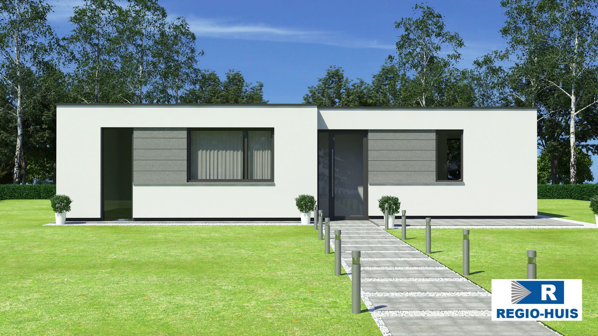 Exterieur van bungalow B154 Atlanta van Regio-Huis, gebouwd met staalframebouw voor duurzame en energie-efficiënte woningen. Het ontwerp heeft een modern uiterlijk met grote ramen, een plat dak en een open indeling, ideaal voor comfortabel wonen. 03