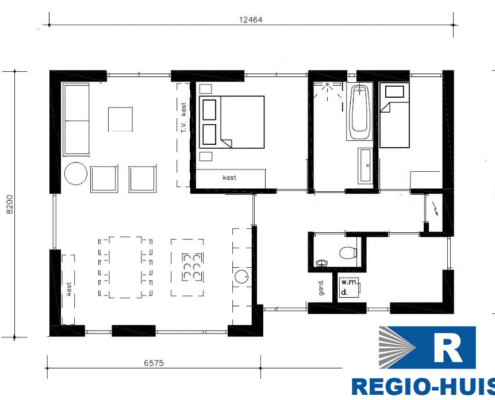 Plattegrond van de begane grond van bungalow B154 Atlanta van Regio-Huis. De indeling toont ruime woonruimtes, een open keuken, comfortabele slaapkamers en een badkamer, ontworpen voor efficiënt 02