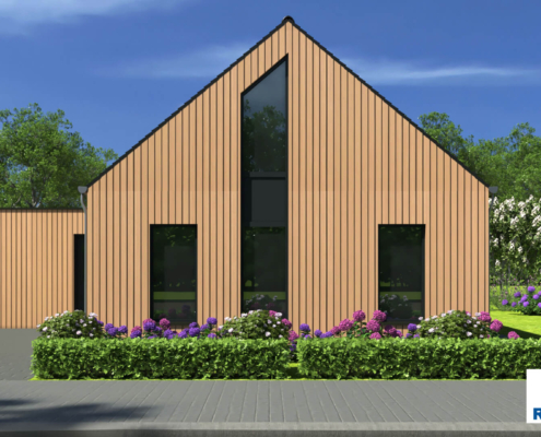 Exterieur van bungalow B185 van Regio-Huis, een levensloopbestendige woning met een combinatie van een kap- en plat dak. Het ontwerp combineert moderne en traditionele architectuur met grote ramen en een functionele indeling voor comfortabel en duurzaam wonen.03