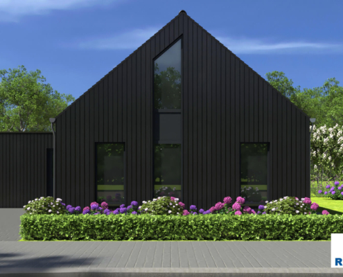 Exterieur van bungalow B185 van Regio-Huis, een levensloopbestendige woning met een combinatie van een kap- en plat dak. Het ontwerp combineert moderne en traditionele architectuur met grote ramen en een functionele indeling voor comfortabel en duurzaam wonen.04