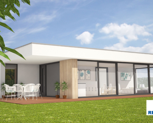 Exterieur van bungalow B107 van Regio-Huis, een levensloopbestendige woning met een moderne staalframe bouwconstructie. Het energieneutrale ontwerp is luchtdicht en voorzien van grote ramen en een functionele indeling voor duurzaam en comfortabel wonen 03