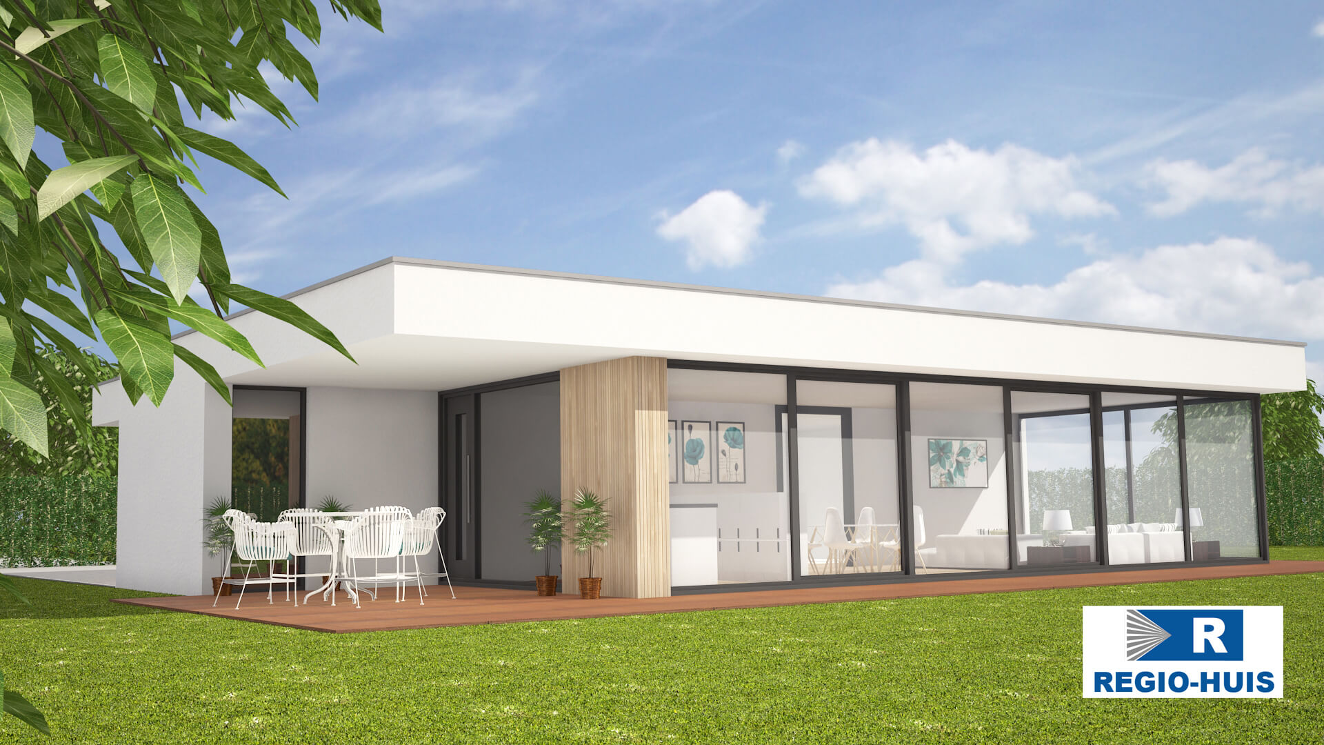 Exterieur van bungalow B107 van Regio-Huis, een levensloopbestendige woning met een moderne staalframe bouwconstructie. Het energieneutrale ontwerp is luchtdicht en voorzien van grote ramen en een functionele indeling voor duurzaam en comfortabel wonen 03