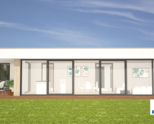 Exterieur van bungalow B107 van Regio-Huis, een levensloopbestendige woning met een moderne staalframe bouwconstructie. Het energieneutrale ontwerp is luchtdicht en voorzien van grote ramen en een functionele indeling voor duurzaam en comfortabel wonen 05