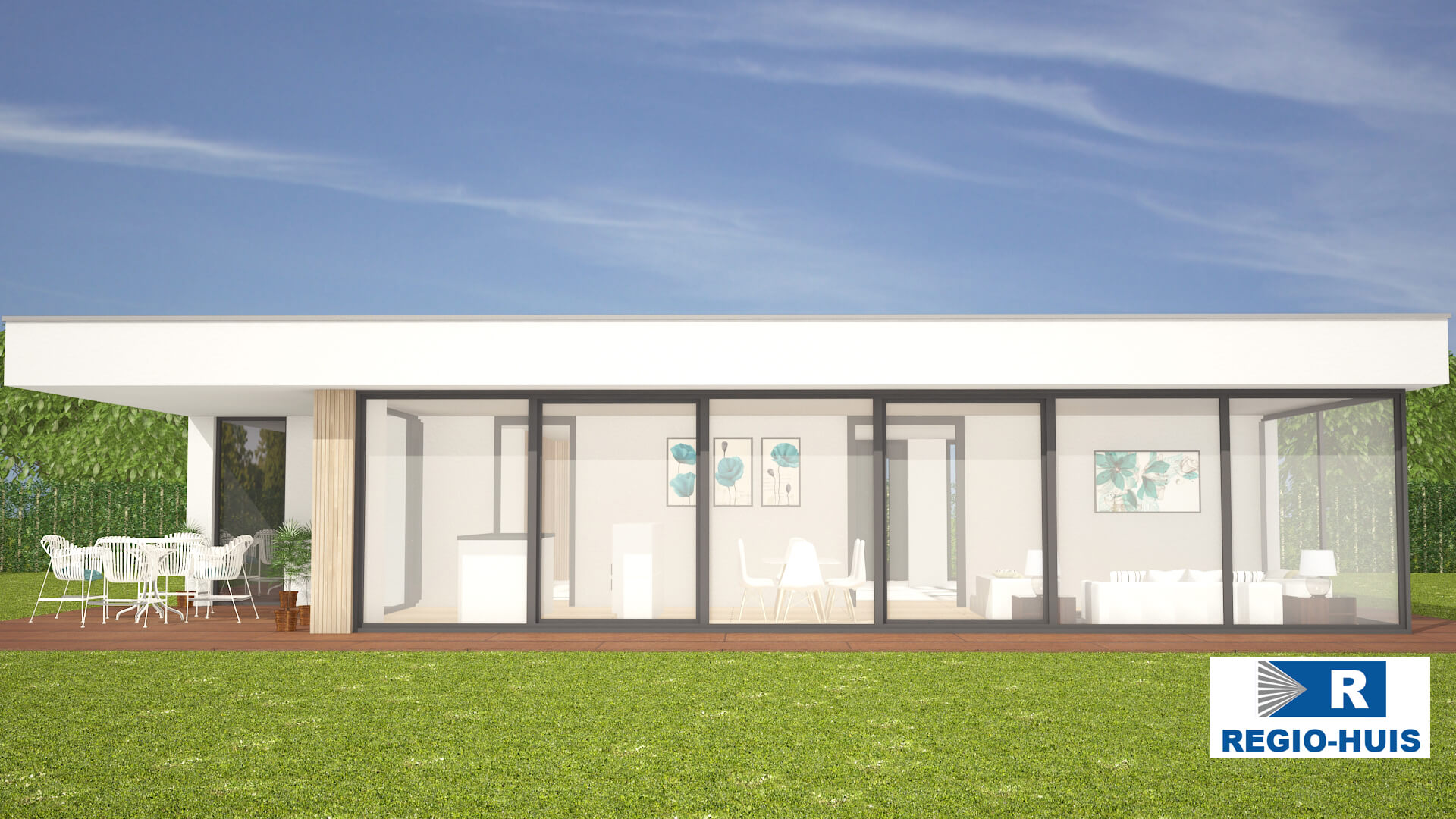 Exterieur van bungalow B107 van Regio-Huis, een levensloopbestendige woning met een moderne staalframe bouwconstructie. Het energieneutrale ontwerp is luchtdicht en voorzien van grote ramen en een functionele indeling voor duurzaam en comfortabel wonen 05