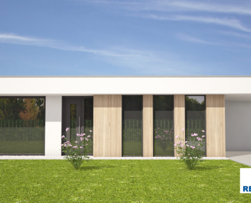 Exterieur van bungalow B107 van Regio-Huis, een levensloopbestendige woning met een moderne staalframe bouwconstructie. Het energieneutrale ontwerp is luchtdicht en voorzien van grote ramen en een functionele indeling voor duurzaam en comfortabel wonen 02