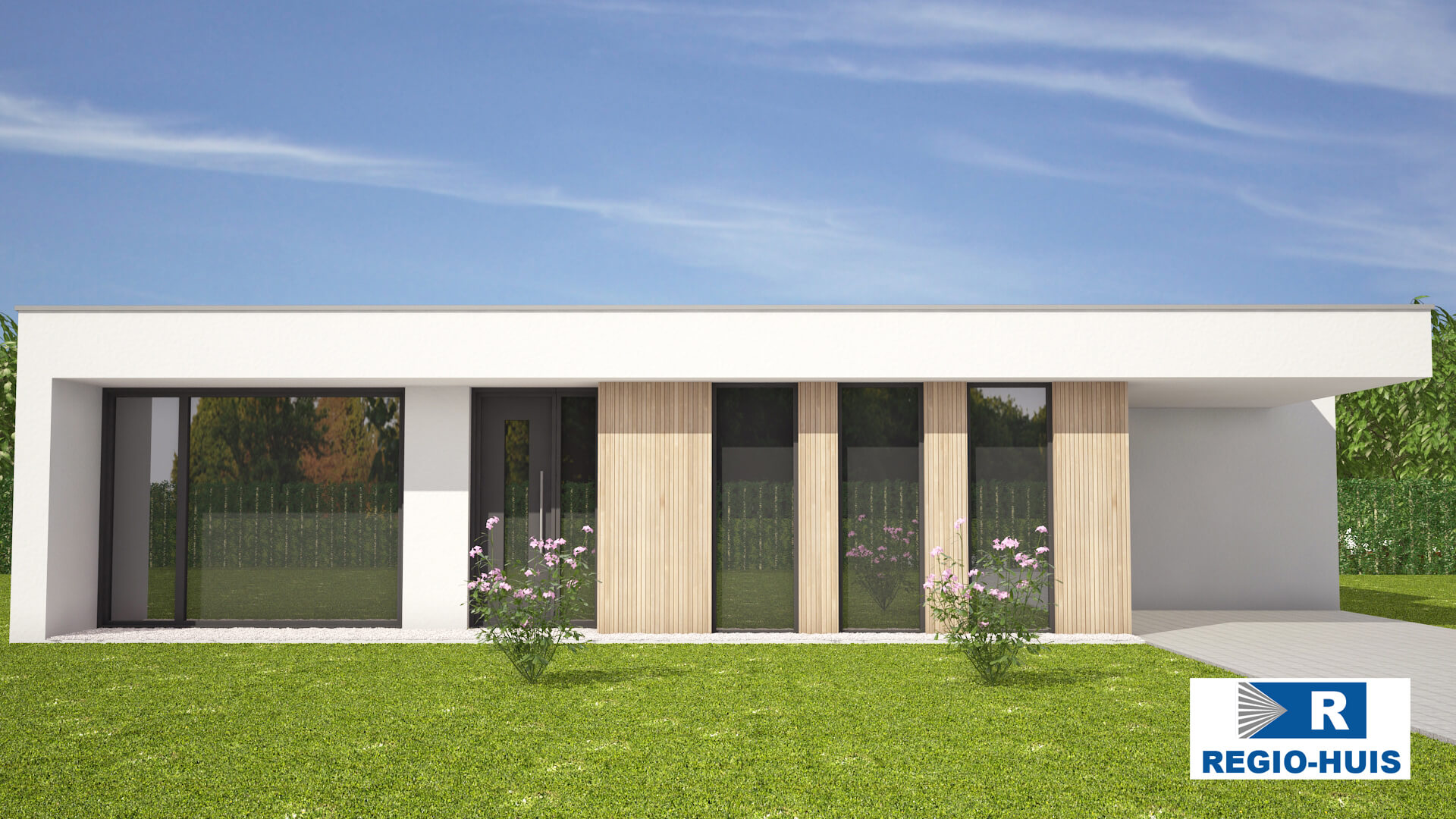 Exterieur van bungalow B107 van Regio-Huis, een levensloopbestendige woning met een moderne staalframe bouwconstructie. Het energieneutrale ontwerp is luchtdicht en voorzien van grote ramen en een functionele indeling voor duurzaam en comfortabel wonen 02