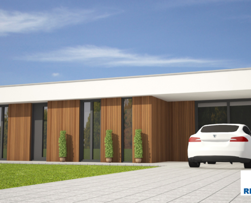 Exterieur van bungalow B124 van Regio-Huis, een levensloopbestendige en energieneutrale woning. Het gelijkvloerse ontwerp heeft een modern uiterlijk met grote ramen en een functionele indeling, ideaal voor duurzaam en comfortabel wonen. 01