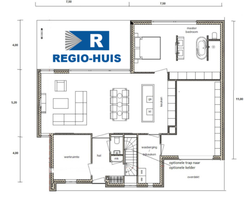 Plattegrond van de begane grond van bungalow B124 van Regio-Huis. De indeling omvat een ruime woonkamer, een open keuken, comfortabele slaapkamers en een badkamer, ontworpen voor gelijkvloers en energiezuinig wonen.