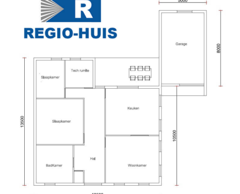 Plattegrond van de begane grond van bungalow B132 V2 van Regio-Huis. De indeling toont ruime woonruimtes, een open keuken, slaapkamers, een badkamer en een garage, ontworpen voor efficiënt en praktisch wonen met aandacht voor comfort.