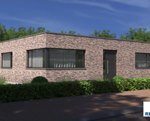 Exterieur van bungalow B184 van Regio-Huis, een moderne nieuwbouw met een plat dak. Het ontwerp benadrukt strakke lijnen, grote ramen en een minimalistische uitstraling, geschikt voor duurzaam en comfortabel wonen.01