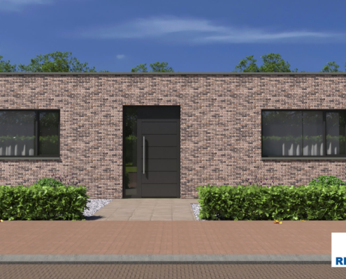 Exterieur van bungalow B184 van Regio-Huis, een moderne nieuwbouw met een plat dak. Het ontwerp benadrukt strakke lijnen, grote ramen en een minimalistische uitstraling, geschikt voor duurzaam en comfortabel wonen.02