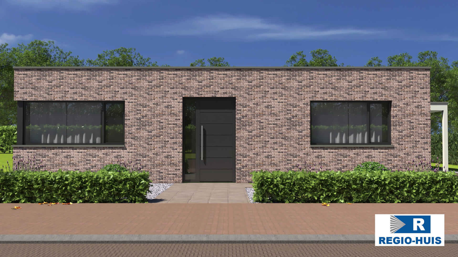 Exterieur van bungalow B184 van Regio-Huis, een moderne nieuwbouw met een plat dak. Het ontwerp benadrukt strakke lijnen, grote ramen en een minimalistische uitstraling, geschikt voor duurzaam en comfortabel wonen.02