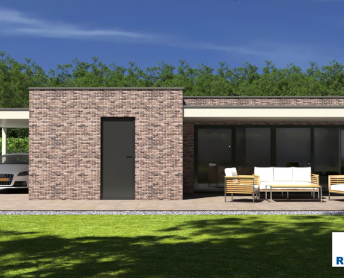 Exterieur van bungalow B184 van Regio-Huis, een moderne nieuwbouw met een plat dak. Het ontwerp benadrukt strakke lijnen, grote ramen en een minimalistische uitstraling, geschikt voor duurzaam en comfortabel wonen. 04