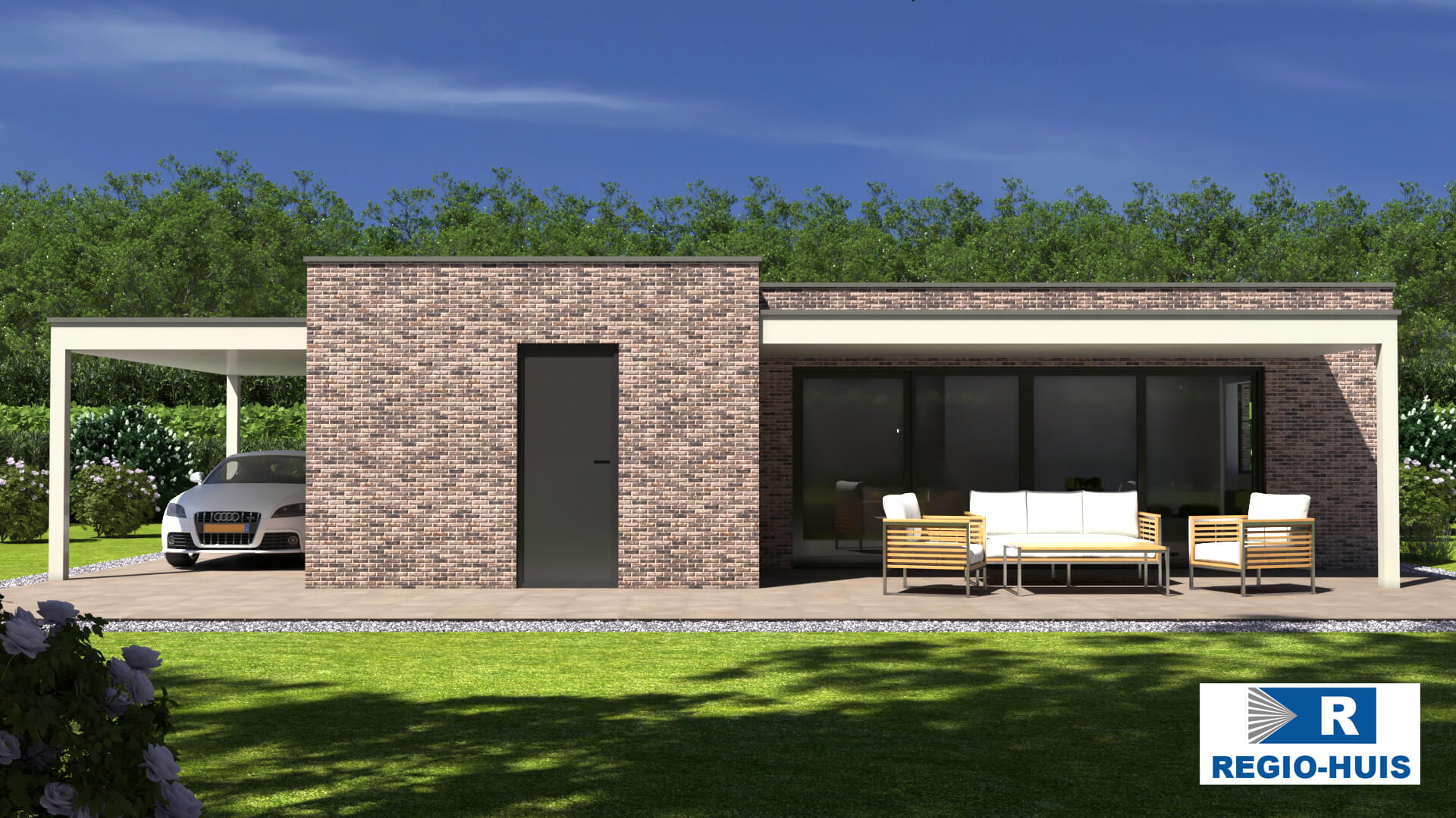 Exterieur van bungalow B184 van Regio-Huis, een moderne nieuwbouw met een plat dak. Het ontwerp benadrukt strakke lijnen, grote ramen en een minimalistische uitstraling, geschikt voor duurzaam en comfortabel wonen. 04