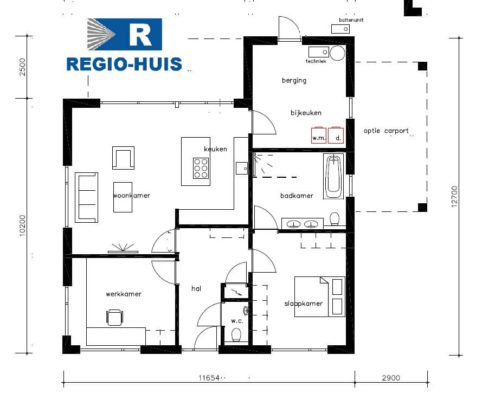 Plattegrond van bungalow B184 van Regio-Huis, een moderne woning met een praktische indeling. De begane grond biedt ruime woonruimtes, een open keuken, slaapkamers en een badkamer, ontworpen voor efficiënt wonen met een focus op modern design.