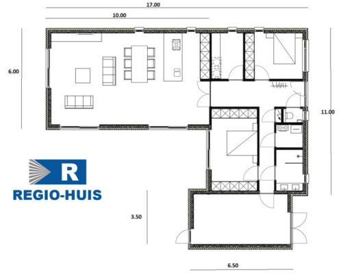 Plattegrond van de begane grond van bungalow B178 van Regio-Huis. De indeling biedt een open woonruimte, een moderne keuken, comfortabele slaapkamers en een grote berging, ontworpen voor praktisch en efficiënt wonen.