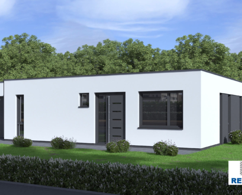 Exterieur van bungalow B178 van Regio-Huis, een moderne prefab woning met staalframebouw. Het ontwerp heeft een strak plat dak, grote ramen en een ruime berging, ideaal voor comfortabel en energiezuinig wonen. 02