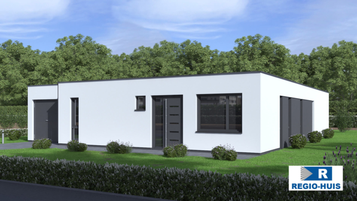 Exterieur van bungalow B178 van Regio-Huis, een moderne prefab woning met staalframebouw. Het ontwerp heeft een strak plat dak, grote ramen en een ruime berging, ideaal voor comfortabel en energiezuinig wonen. 02