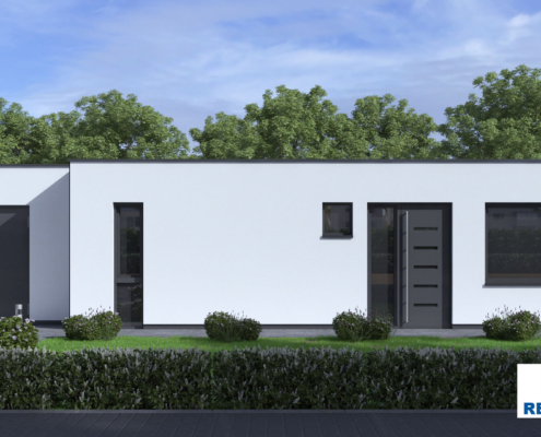 Exterieur van bungalow B178 van Regio-Huis, een moderne prefab woning met staalframebouw. Het ontwerp heeft een strak plat dak, grote ramen en een ruime berging, ideaal voor comfortabel en energiezuinig wonen. 03