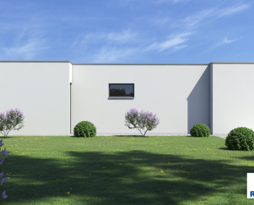 Moderne staalframe bungalow B189 met plat dak, grote ramen en een ruim terras. Ontworpen en gebouwd door Regio-Huis, met focus op betaalbaar, duurzaam en comfortabel wonen in Nederland. 04