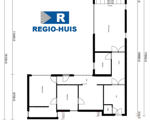 Plattegrond van de begane grond van bungalow ontwerp B189 van Regio-Huis. De indeling toont ruime leefruimtes, slaapkamers, een badkamer en een open keuken, ontworpen voor comfortabel en efficiënt wonen.