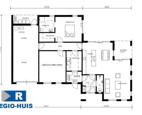 Plattegrond van de begane grond van rolstoelbestendige bungalow B172 van Regio-Huis. De indeling is volledig aanpasbaar en biedt ruime, toegankelijke leefruimtes, inclusief brede doorgangen, een open keuken en een ruime badkamer, ontworpen voor levenslang comfort en gebruiksgemak.