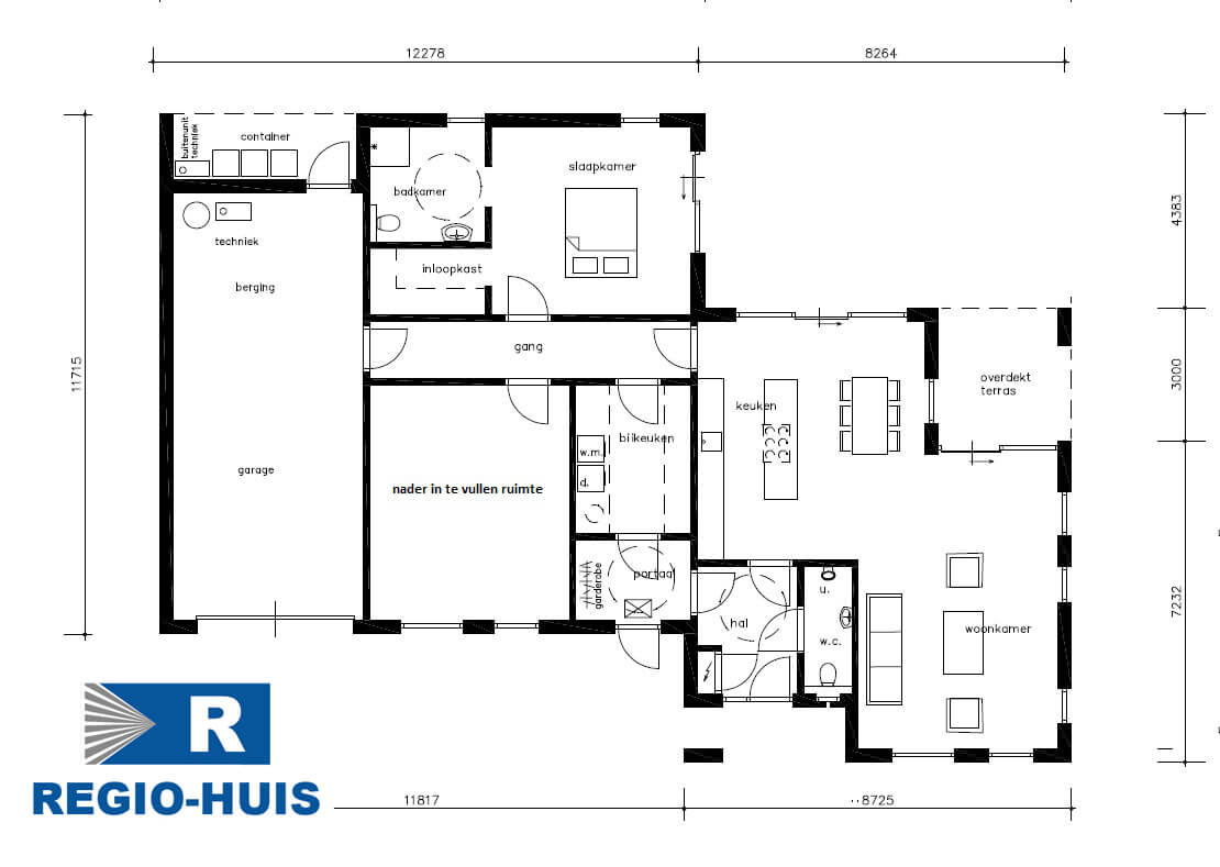 Plattegrond van de begane grond van rolstoelbestendige bungalow B172 van Regio-Huis. De indeling is volledig aanpasbaar en biedt ruime, toegankelijke leefruimtes, inclusief brede doorgangen, een open keuken en een ruime badkamer, ontworpen voor levenslang comfort en gebruiksgemak.