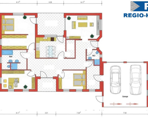 Plattegrond van bungalow type B187 van Regio-Huis, levensloopbestendig ontwerp met een inpandige wintertuin. De indeling toont een comfortabele en toegankelijke indeling, met ruime woonruimtes en een wintertuin voor extra licht en groen.