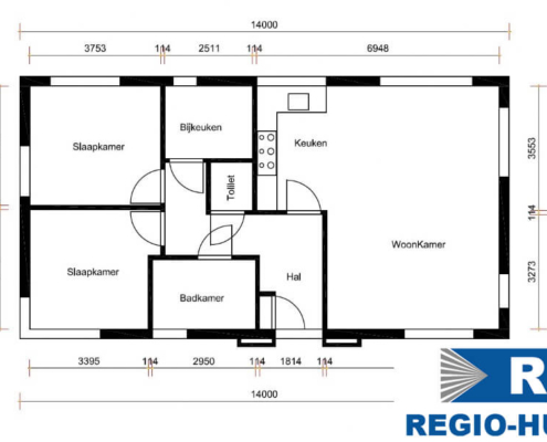 Plattegrond van de begane grond van bungalow B163 van Regio-Huis. De indeling omvat ruime woonruimtes, een open keuken, slaapkamers en een badkamer, ontworpen voor energiearm en efficiënt wonen.