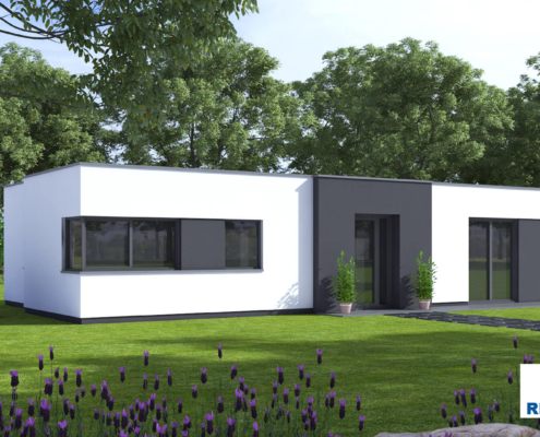 Exterieur van bungalow B163 van Regio-Huis, een energiezuinige woning met een modern ontwerp. Het huis heeft een strak plat dak, grote ramen en een praktische indeling, ideaal voor duurzaam en comfortabel wonen. 01