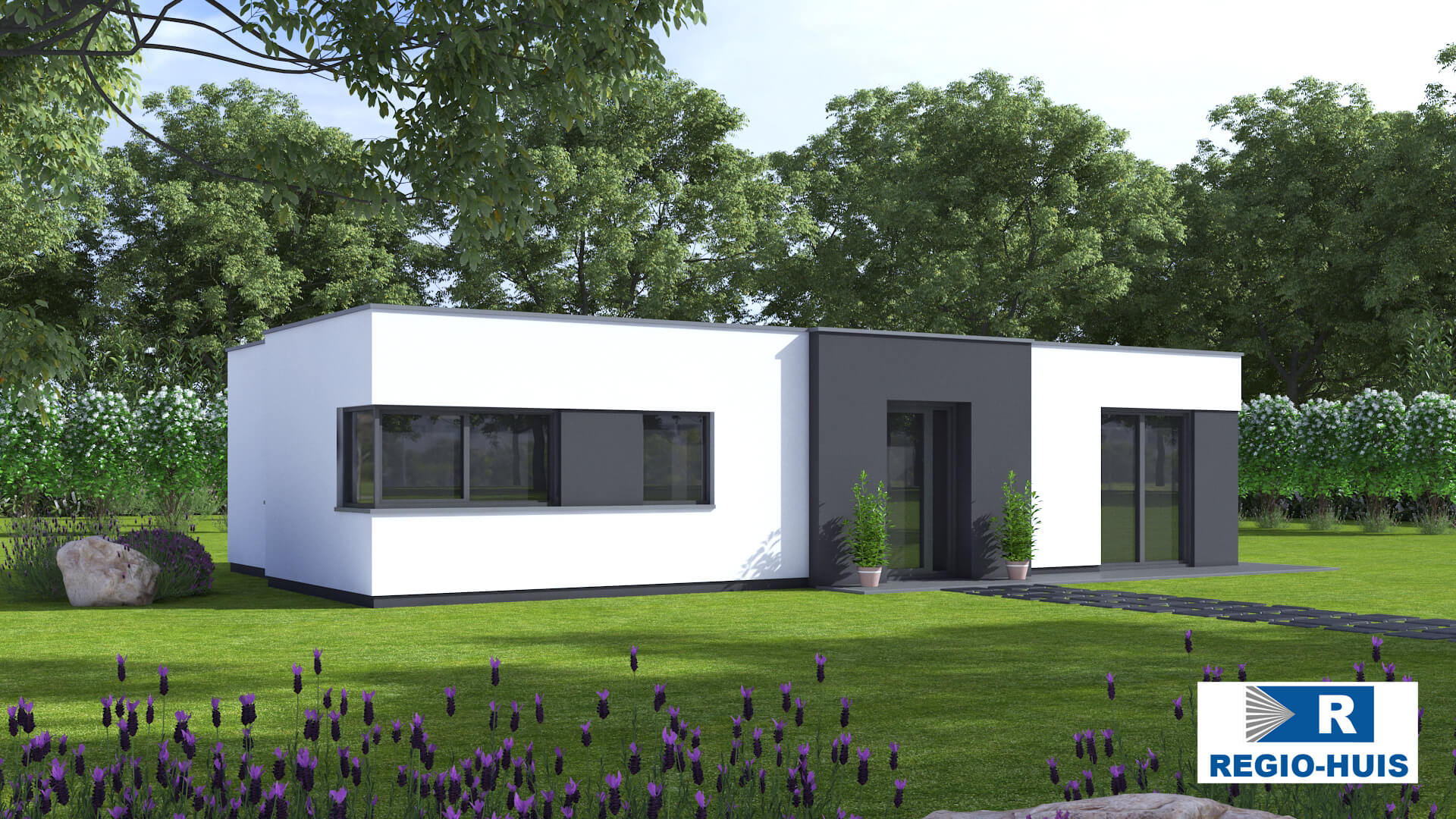 Exterieur van bungalow B163 van Regio-Huis, een energiezuinige woning met een modern ontwerp. Het huis heeft een strak plat dak, grote ramen en een praktische indeling, ideaal voor duurzaam en comfortabel wonen. 01