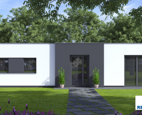 Exterieur van bungalow B163 van Regio-Huis, een energiezuinige woning met een modern ontwerp. Het huis heeft een strak plat dak, grote ramen en een praktische indeling, ideaal voor duurzaam en comfortabel wonen. 02