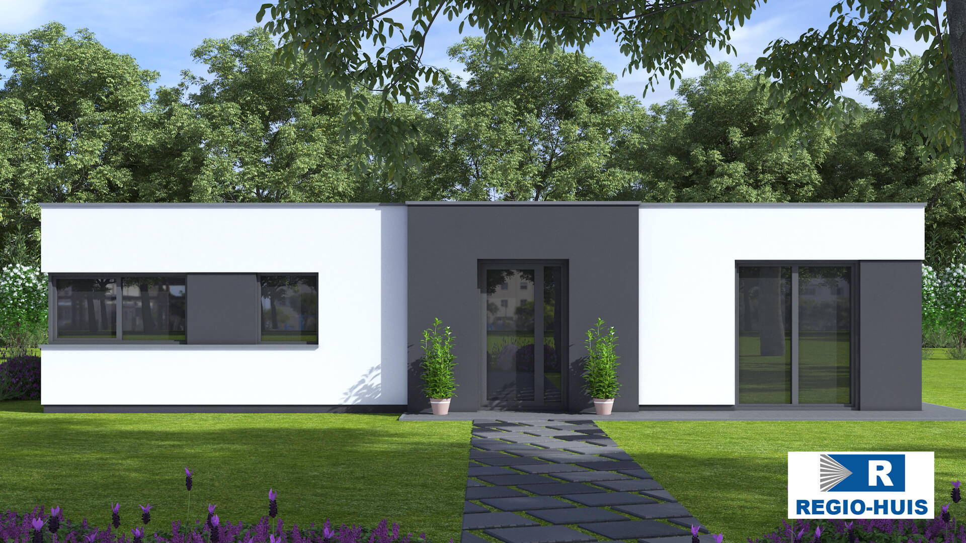 Exterieur van bungalow B163 van Regio-Huis, een energiezuinige woning met een modern ontwerp. Het huis heeft een strak plat dak, grote ramen en een praktische indeling, ideaal voor duurzaam en comfortabel wonen. 02