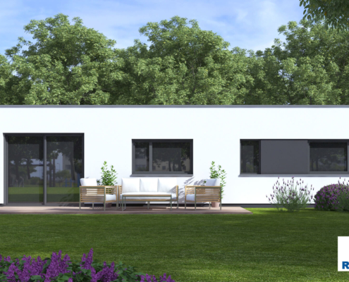 Exterieur van bungalow B163 van Regio-Huis, een energiezuinige woning met een modern ontwerp. Het huis heeft een strak plat dak, grote ramen en een praktische indeling, ideaal voor duurzaam en comfortabel wonen. 04