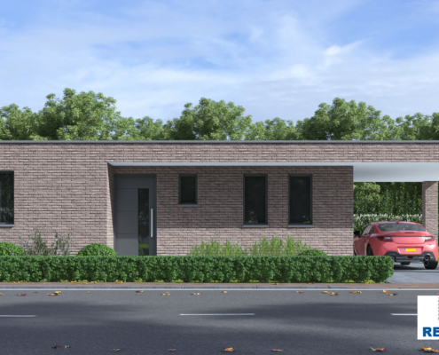 Exterieur van levensloopbestendige bungalow B166 van Regio-Huis, ontworpen met staalframebouw voor energie-efficiëntie en stilte. De woning heeft een modern uiterlijk met grote ramen, een plat dak en een praktische, toegankelijke indeling, ideaal voor comfortabel wonen op één niveau. 01