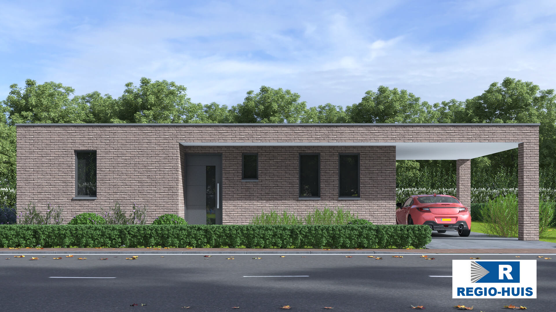 Exterieur van levensloopbestendige bungalow B166 van Regio-Huis, ontworpen met staalframebouw voor energie-efficiëntie en stilte. De woning heeft een modern uiterlijk met grote ramen, een plat dak en een praktische, toegankelijke indeling, ideaal voor comfortabel wonen op één niveau. 01