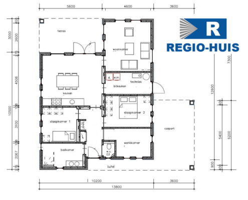 Plattegrond van de begane grond van levensloopbestendige bungalow B166 van Regio-Huis. De indeling biedt ruime, toegankelijke woonruimtes, inclusief een open keuken, comfortabele slaapkamers en een badkamer, ontworpen voor energiezuinig wonen en langdurig comfort.