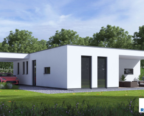 Exterieur van levensloopbestendige bungalow B166 van Regio-Huis, ontworpen met staalframebouw voor energie-efficiëntie en stilte. De woning heeft een modern uiterlijk met grote ramen, een plat dak en een praktische, toegankelijke indeling, ideaal voor comfortabel wonen op één niveau. 08