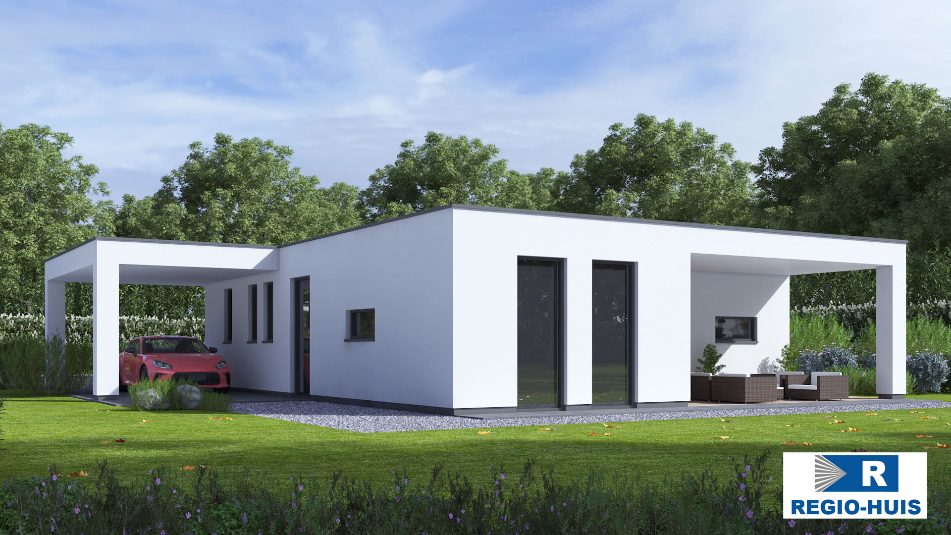 Exterieur van levensloopbestendige bungalow B166 van Regio-Huis, ontworpen met staalframebouw voor energie-efficiëntie en stilte. De woning heeft een modern uiterlijk met grote ramen, een plat dak en een praktische, toegankelijke indeling, ideaal voor comfortabel wonen op één niveau. 08