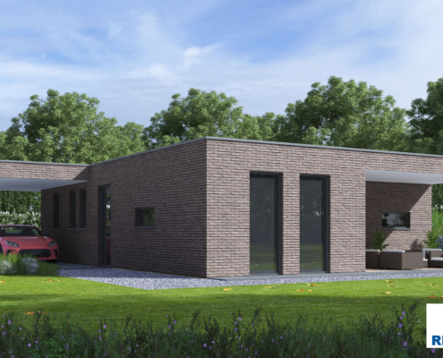 Exterieur van levensloopbestendige bungalow B166 van Regio-Huis, ontworpen met staalframebouw voor energie-efficiëntie en stilte. De woning heeft een modern uiterlijk met grote ramen, een plat dak en een praktische, toegankelijke indeling, ideaal voor comfortabel wonen op één niveau. 07