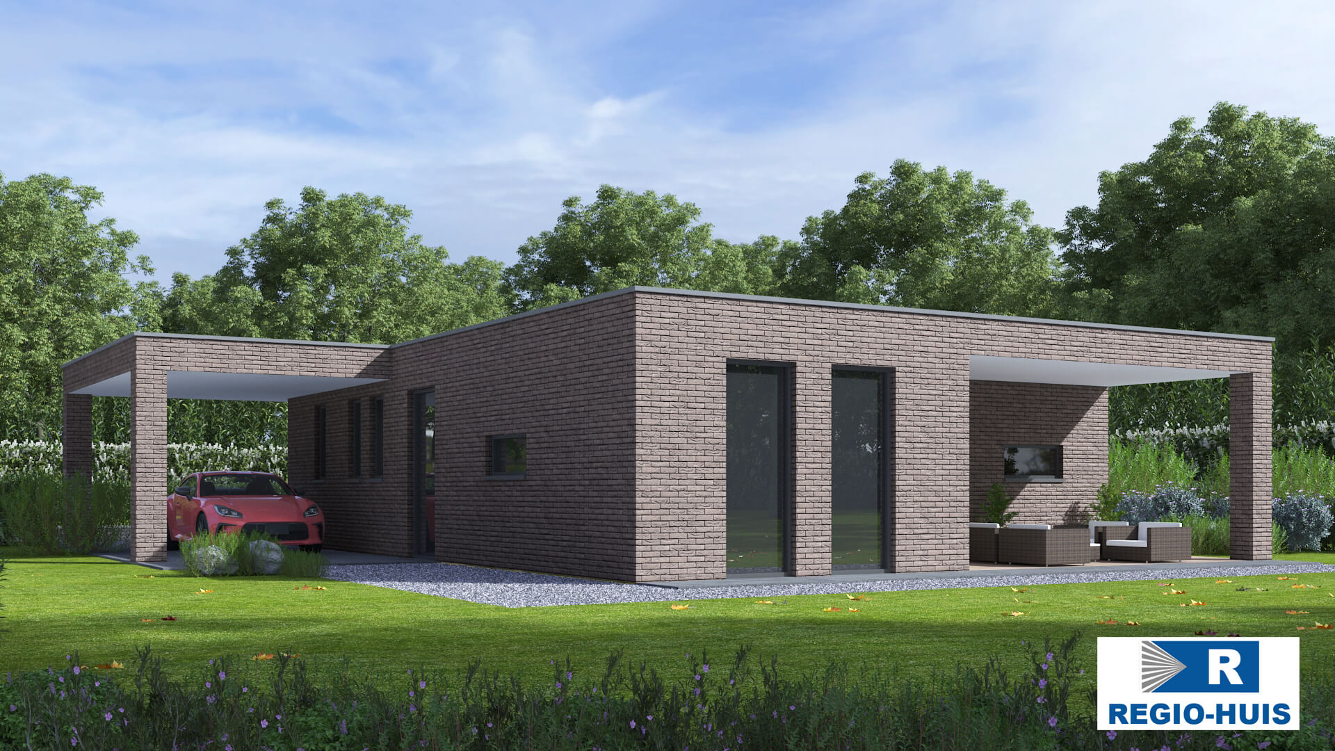 Exterieur van levensloopbestendige bungalow B166 van Regio-Huis, ontworpen met staalframebouw voor energie-efficiëntie en stilte. De woning heeft een modern uiterlijk met grote ramen, een plat dak en een praktische, toegankelijke indeling, ideaal voor comfortabel wonen op één niveau. 07