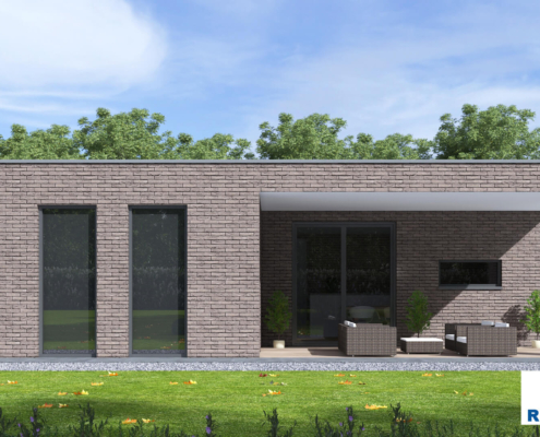 Exterieur van levensloopbestendige bungalow B166 van Regio-Huis, ontworpen met staalframebouw voor energie-efficiëntie en stilte. De woning heeft een modern uiterlijk met grote ramen, een plat dak en een praktische, toegankelijke indeling, ideaal voor comfortabel wonen op één niveau. 05