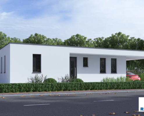 Exterieur van levensloopbestendige bungalow B166 van Regio-Huis, ontworpen met staalframebouw voor energie-efficiëntie en stilte. De woning heeft een modern uiterlijk met grote ramen, een plat dak en een praktische, toegankelijke indeling, ideaal voor comfortabel wonen op één niveau. 04