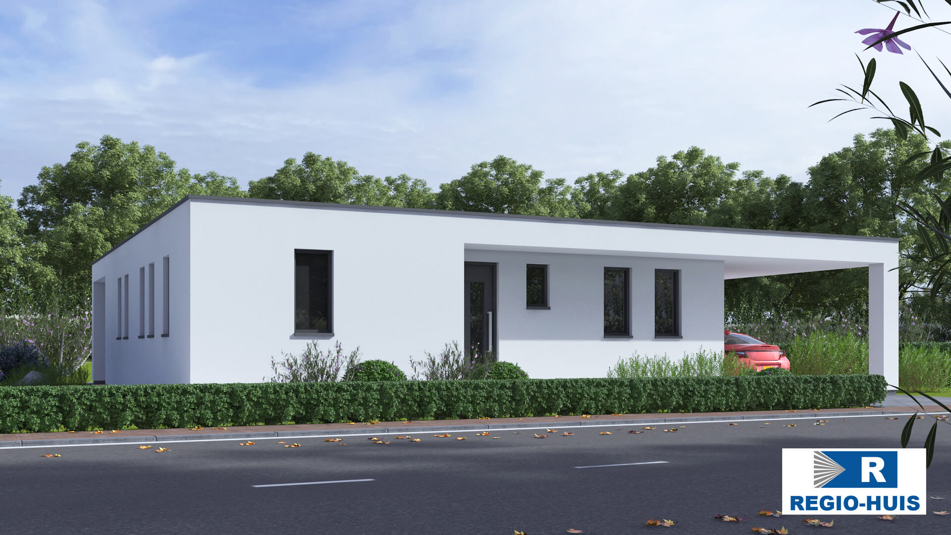 Exterieur van levensloopbestendige bungalow B166 van Regio-Huis, ontworpen met staalframebouw voor energie-efficiëntie en stilte. De woning heeft een modern uiterlijk met grote ramen, een plat dak en een praktische, toegankelijke indeling, ideaal voor comfortabel wonen op één niveau. 04