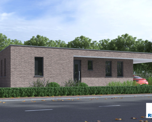 Exterieur van levensloopbestendige bungalow B166 van Regio-Huis, ontworpen met staalframebouw voor energie-efficiëntie en stilte. De woning heeft een modern uiterlijk met grote ramen, een plat dak en een praktische, toegankelijke indeling, ideaal voor comfortabel wonen op één niveau. 03