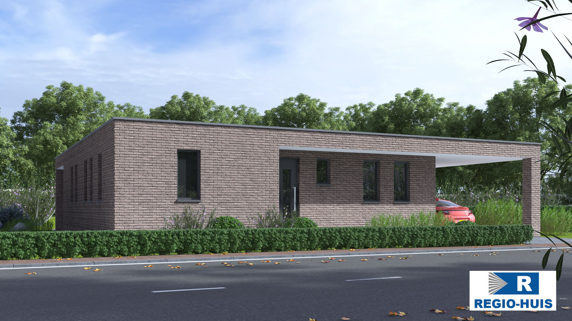 Exterieur van levensloopbestendige bungalow B166 van Regio-Huis, ontworpen met staalframebouw voor energie-efficiëntie en stilte. De woning heeft een modern uiterlijk met grote ramen, een plat dak en een praktische, toegankelijke indeling, ideaal voor comfortabel wonen op één niveau. 03