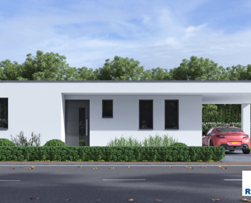 Exterieur van levensloopbestendige bungalow B166 van Regio-Huis, ontworpen met staalframebouw voor energie-efficiëntie en stilte. De woning heeft een modern uiterlijk met grote ramen, een plat dak en een praktische, toegankelijke indeling, ideaal voor comfortabel wonen op één niveau. 02